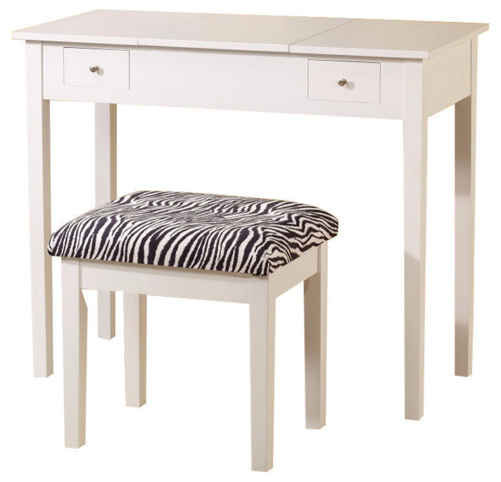 Contemporary Lift-Top Vanity with Upholstered Stool, 2 Piece, White