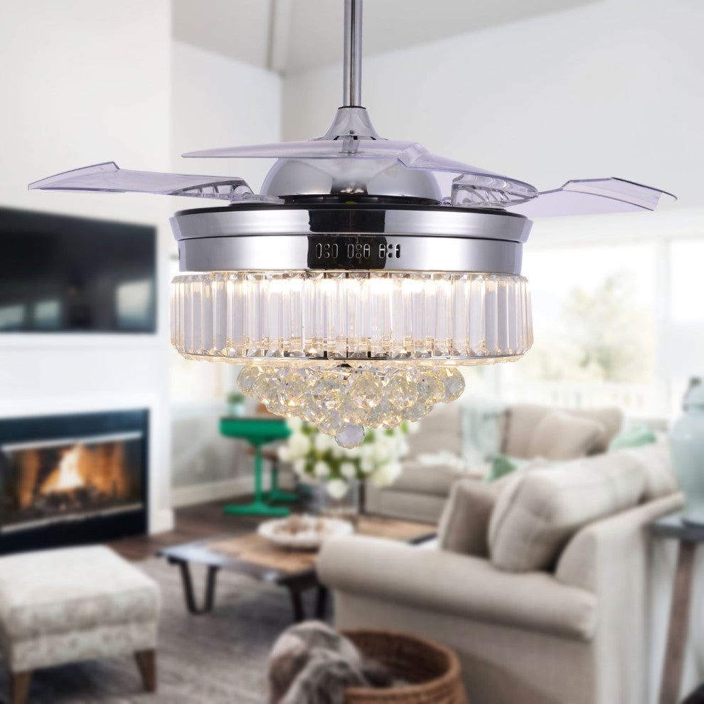 Unique Caged Ceiling Fan with Remote, LED light, Retractable Blades, Chrome