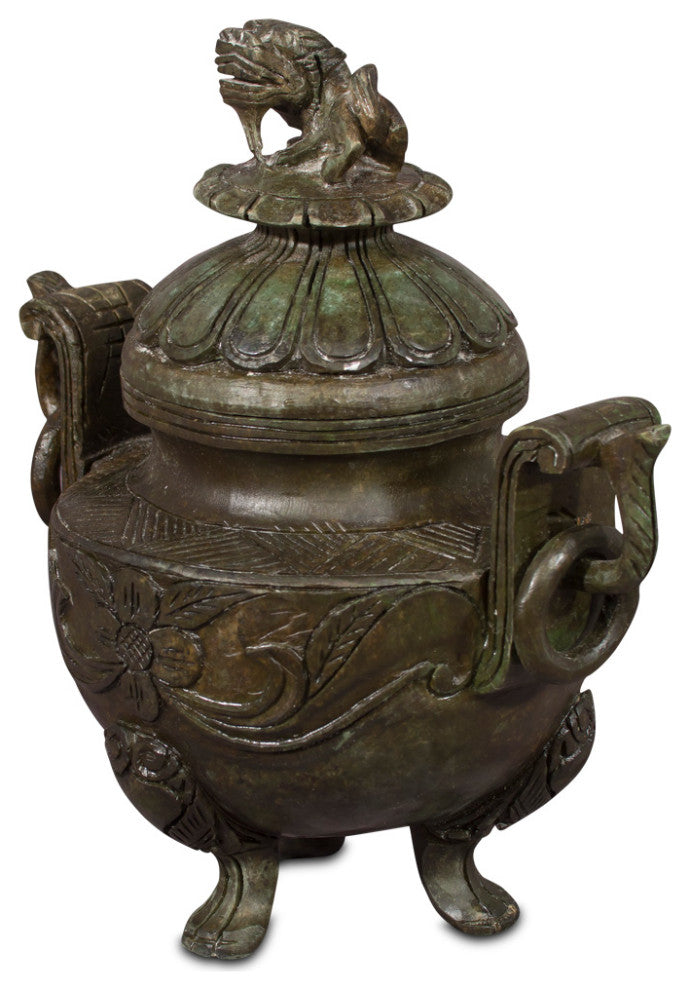Hand Carved Chinese Jade Incense Burner with Foo Dog Motif Lid