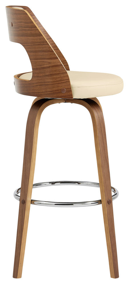26" Retro Mod Cream Faux Leather and Walnut Swivel Counter Stool