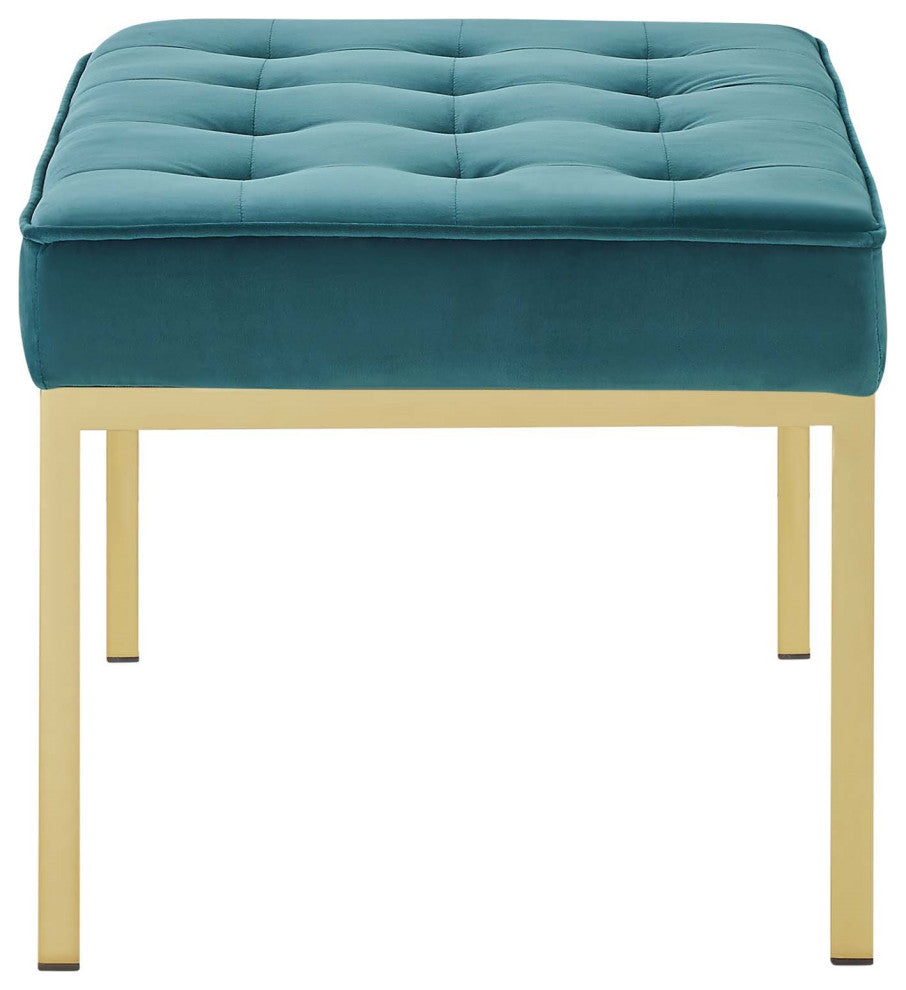 Modern Designer Lounge Accent Chair Bench, Velvet Fabric, Gold Aqua Blue