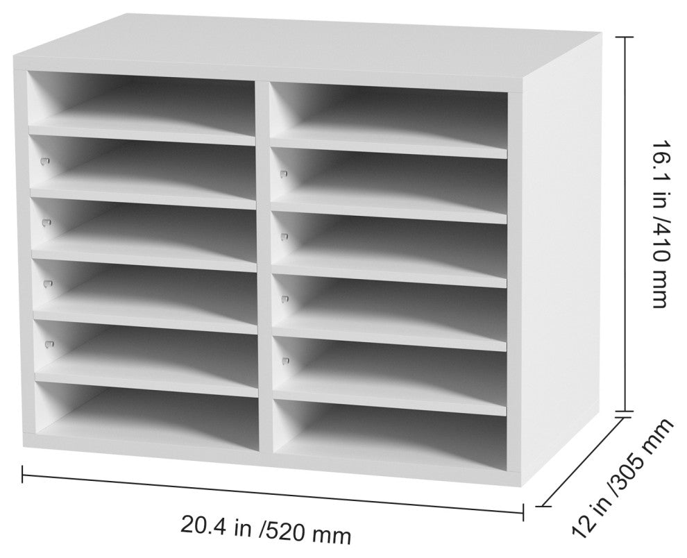 12 Compartments Wood File Organiser Office Mailbox with Adjustable Shelves, White