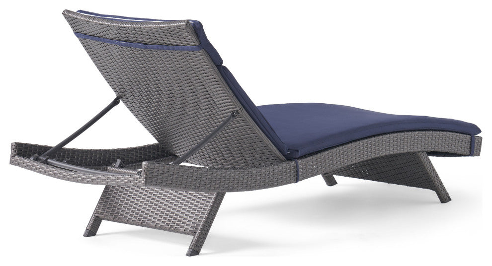 GDF Studio Nassau Outdoor Gray Wicker Chaise Lounge, Navy Blue Cushion