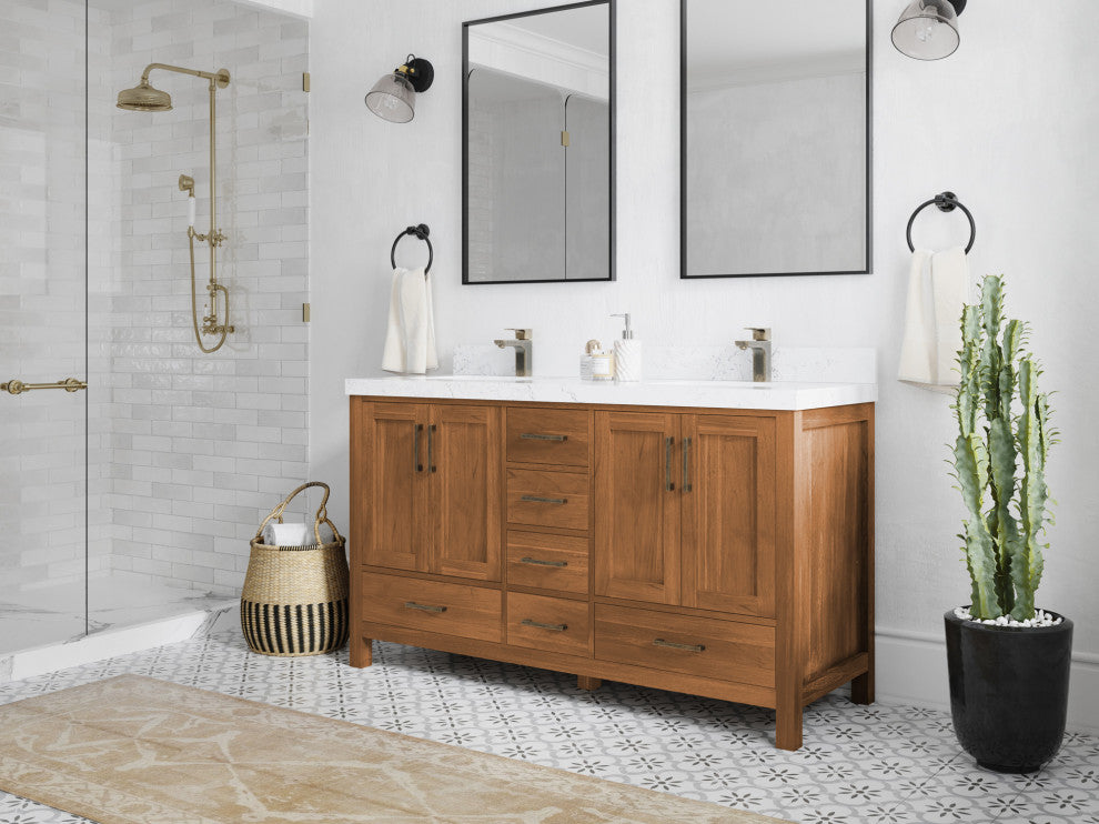 Malibu Teak 60 Double Sink Bathroom Vanity in Golden Teak  2" Calacatta Laza