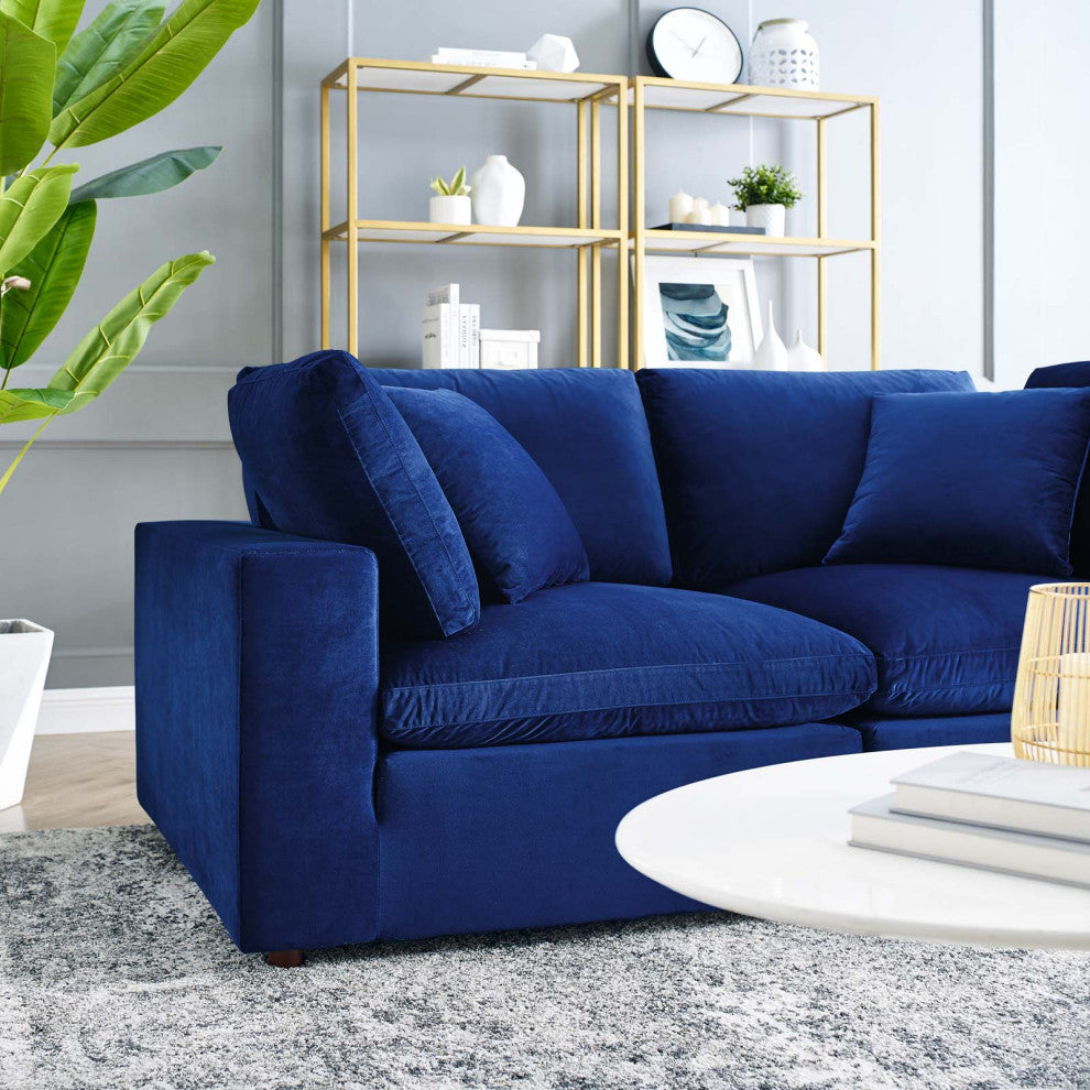 Loveseat Sofa, Velvet, Blue Navy, Modern, Living Lounge Hotel Lobby Hospitality