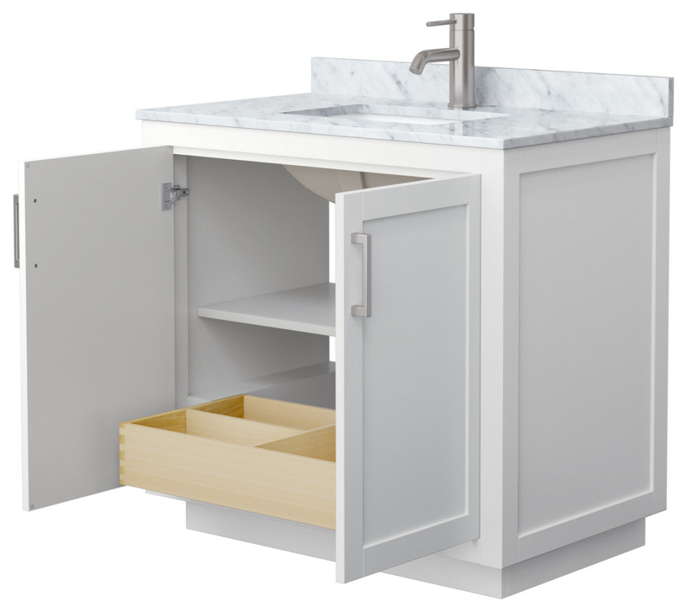36" Single Bathroom Vanity White, White Carrara Countertop, Sink, Nickel Trim