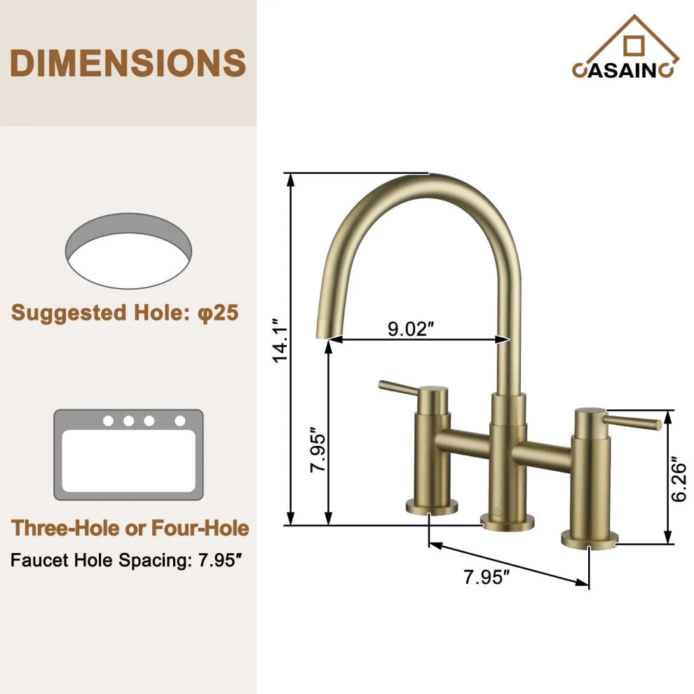 CASAINC Bridge Kitchen Faucet Double Handle with Side Sprayer 3 Color, Brushed Gold