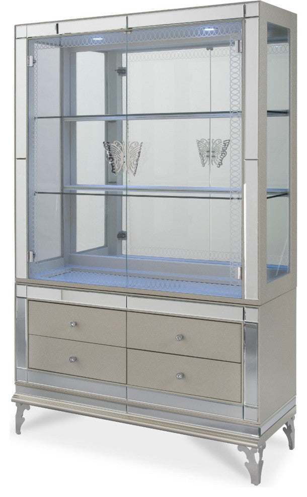 AICO Michael Amini Hollywood Swank Curio With Drawers, Pearl Caviar