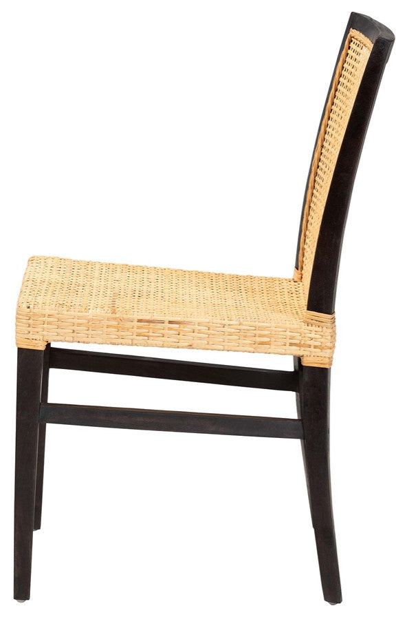 Modern Bohemian Dark Brown Mahogany Wood and Natural Rattan Dining Chair
