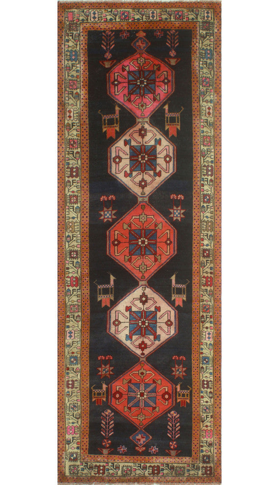 Fine Vintage Distressed Tansholpan Charcoal/Navy Runner, 3'6x10'4
