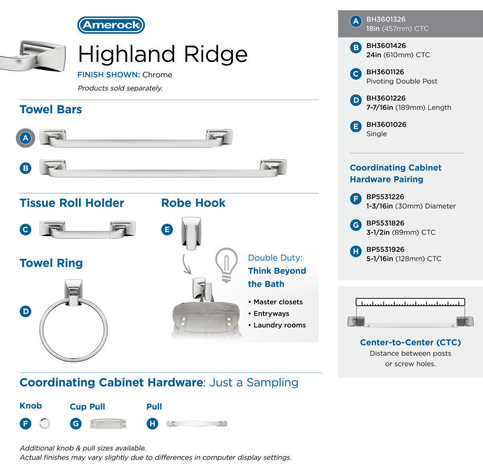 Amerock Highland Ridge Transitional Towel Bar, Chrome, 18" Center-to-Center