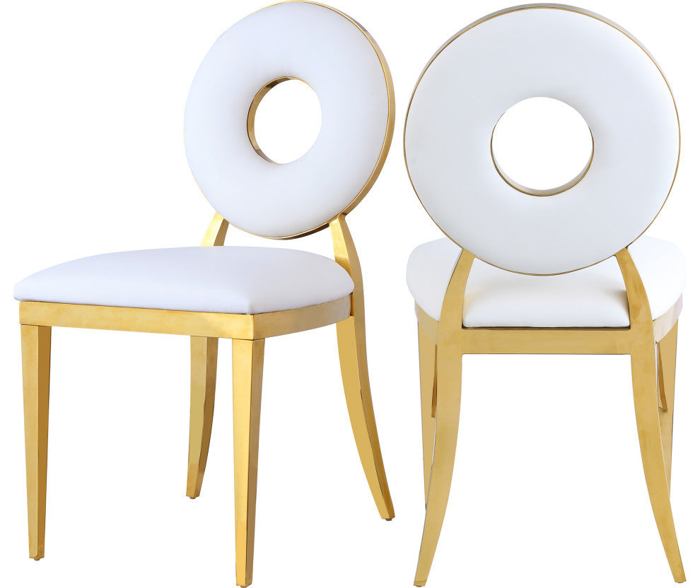 Carousel Upholstered Dining Chair, Set of 2, White Vegan Leather, Gold Finish