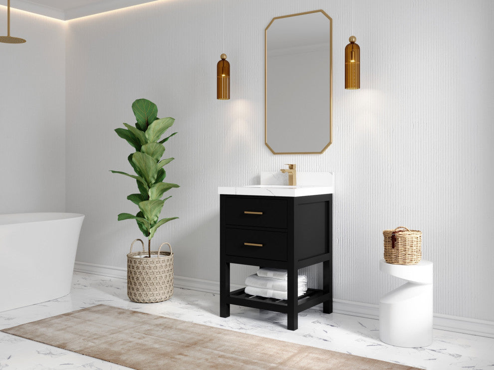 Parker 24" Single Sink Bath Vanity, Black 2" White Quartz