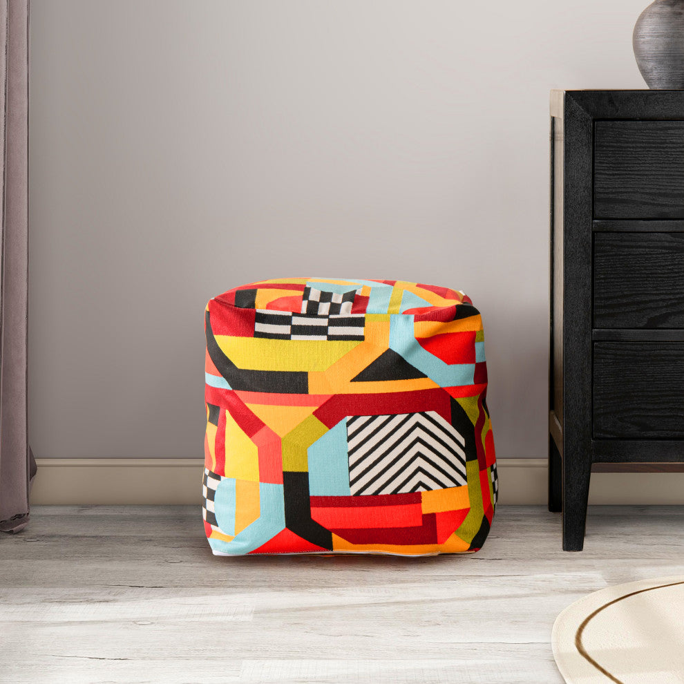 Pouf 23" Oversized Bean Bag Embroidery Cube Ottoman, Colorpop Multicolored