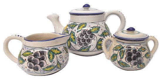 Deruta Ceramiche Sberna Frutta Grapes Tea Set with Teapot and Cream and Sugar