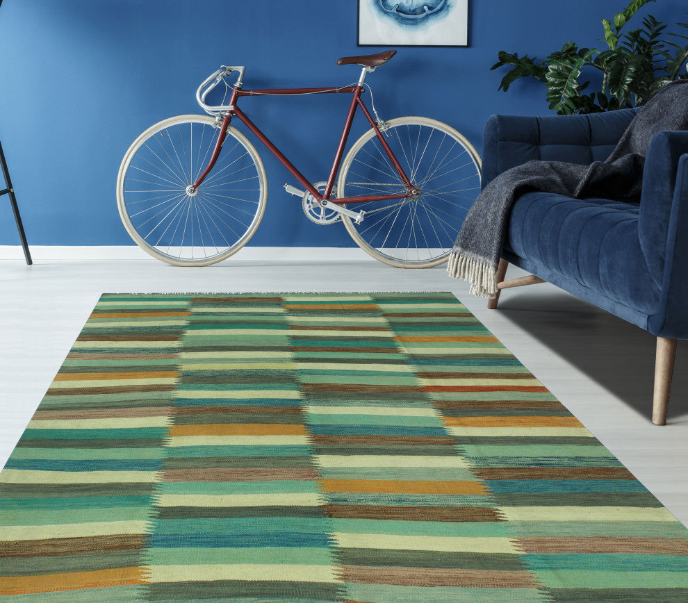 Winchester Kilim Edward Blue/Light Green Rug, 6'4x9'8