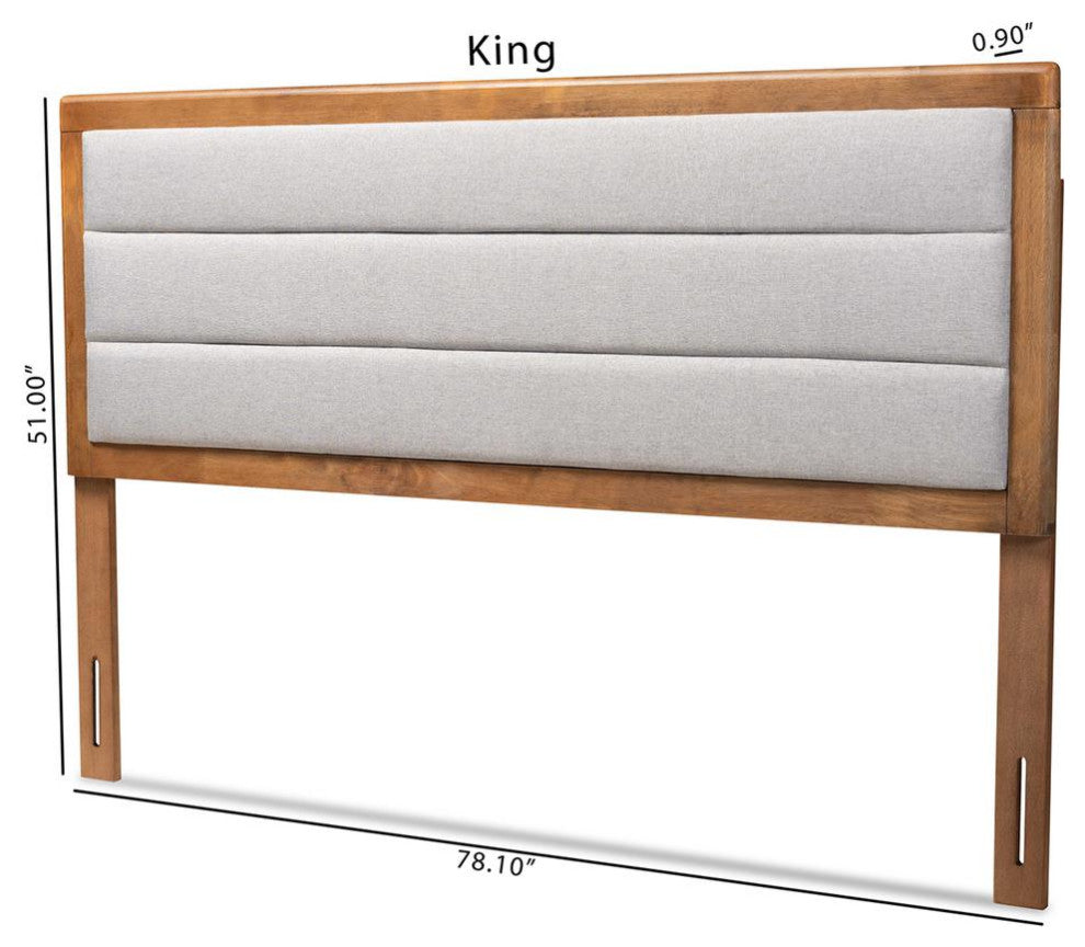 Light Grey Fabric Upholstered and Walnut Brown Finished Wood King Size Headboard