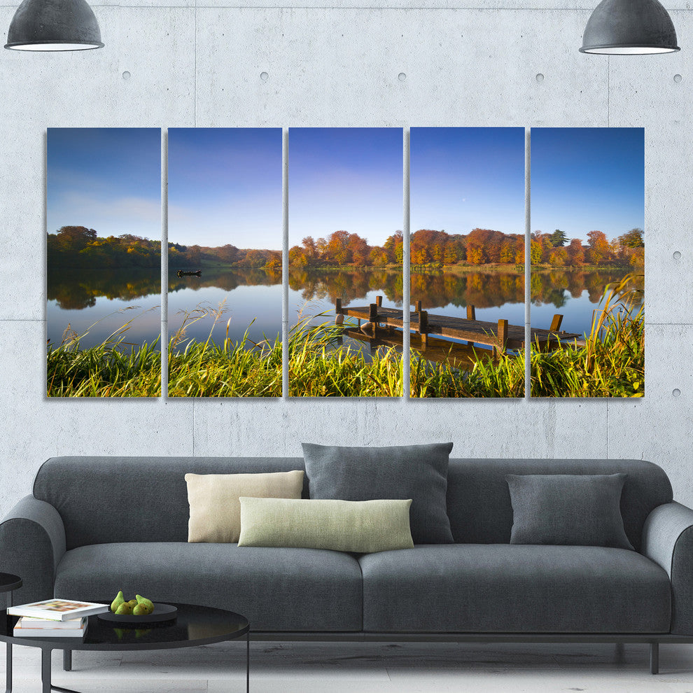 Still Waters of Fall Lake, Landscape Canvas Art Print, 60"x28", 5 Panels