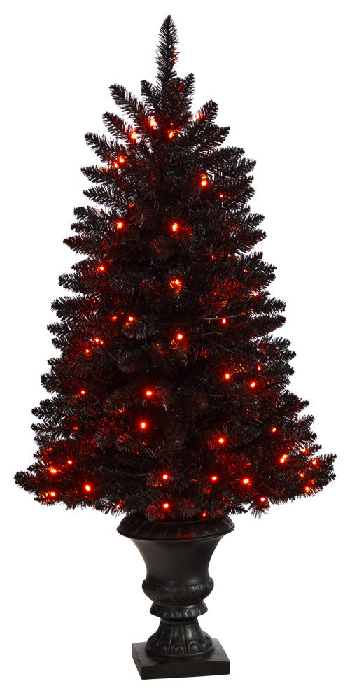 4' Black Halloween Artificial Christmas Tree, Urn With 100 Orange LED Lights