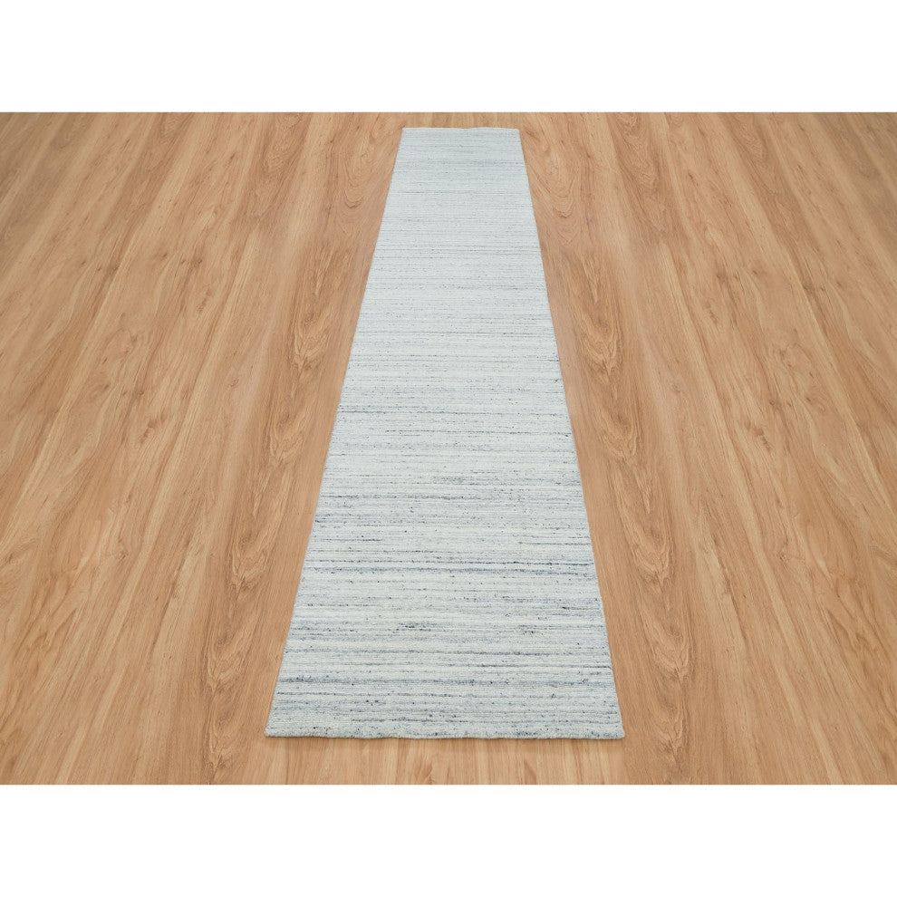 Ivory Plain Modern Striae Wool Hand Loomed Runner Oriental Rug, 2'8"x14'