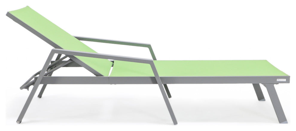 LeisureMod Marlin Patio Chaise Lounge Chair With Arms Gray Frame, Green
