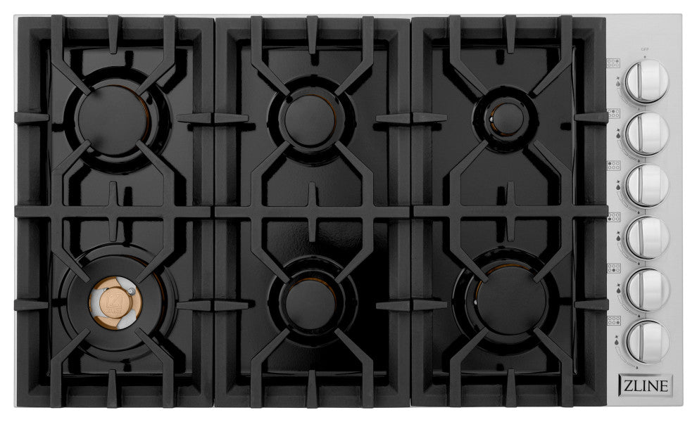 ZLINE 36" Gas Cooktop With 6 Gas Brass Burners, RC-BR-36-PBT