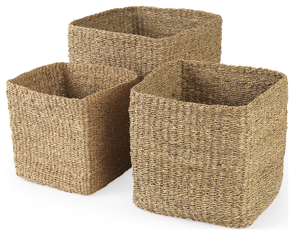 Copenhagen Medium Brown Square Twisted Seagrass Square Baskets, 3-Piece Set