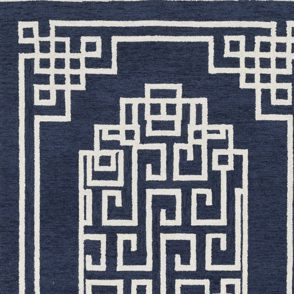 HomeRoots 5'x7' Navy Blue Ivory Hand Tufted Bordered Greek Key Indoor Area Rug