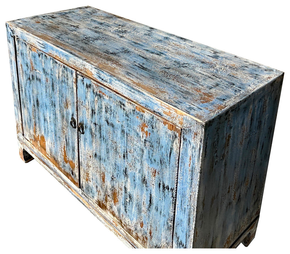 Distressed Blue 2 Doors Credenza Sideboard Console Table Cabinet