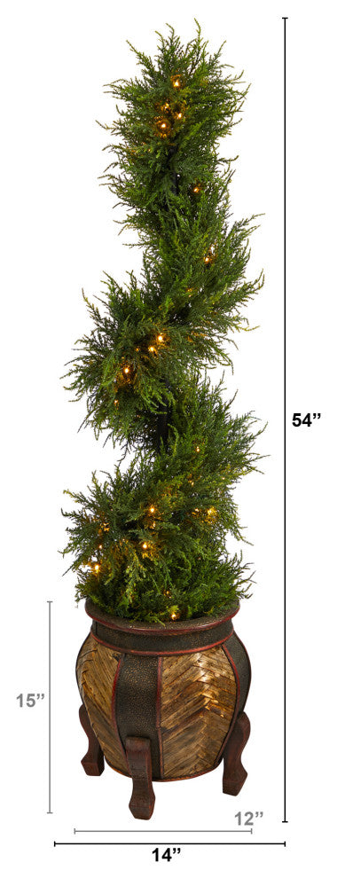 4.5' Spiral Cypress Faux Tree, Planter W/80 Clear LED Lights  Indoor/Outdoor