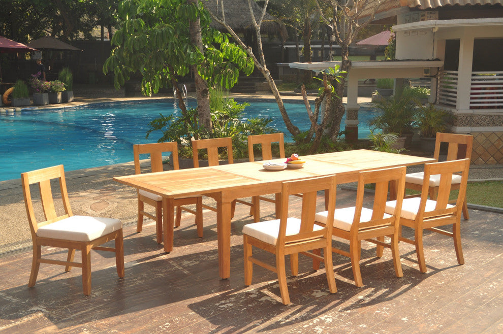 9-Piece Outdoor Teak Dining Set: 122" Ext Rectangle Table, 8 Osbo Armless Chairs