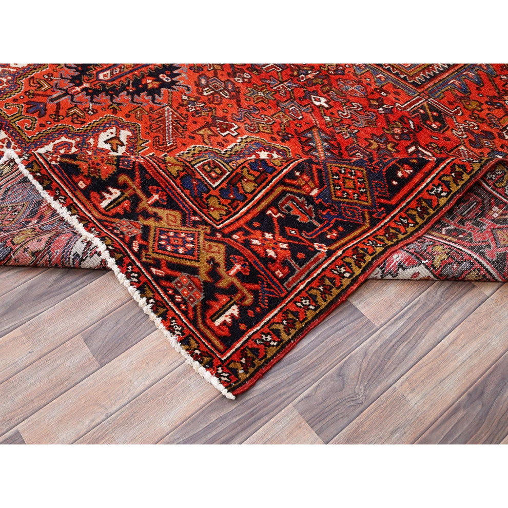 Fire Brick Red Pure Wool Hand Knotted Semi Antique Persian Heriz Rug 10'x13'2"