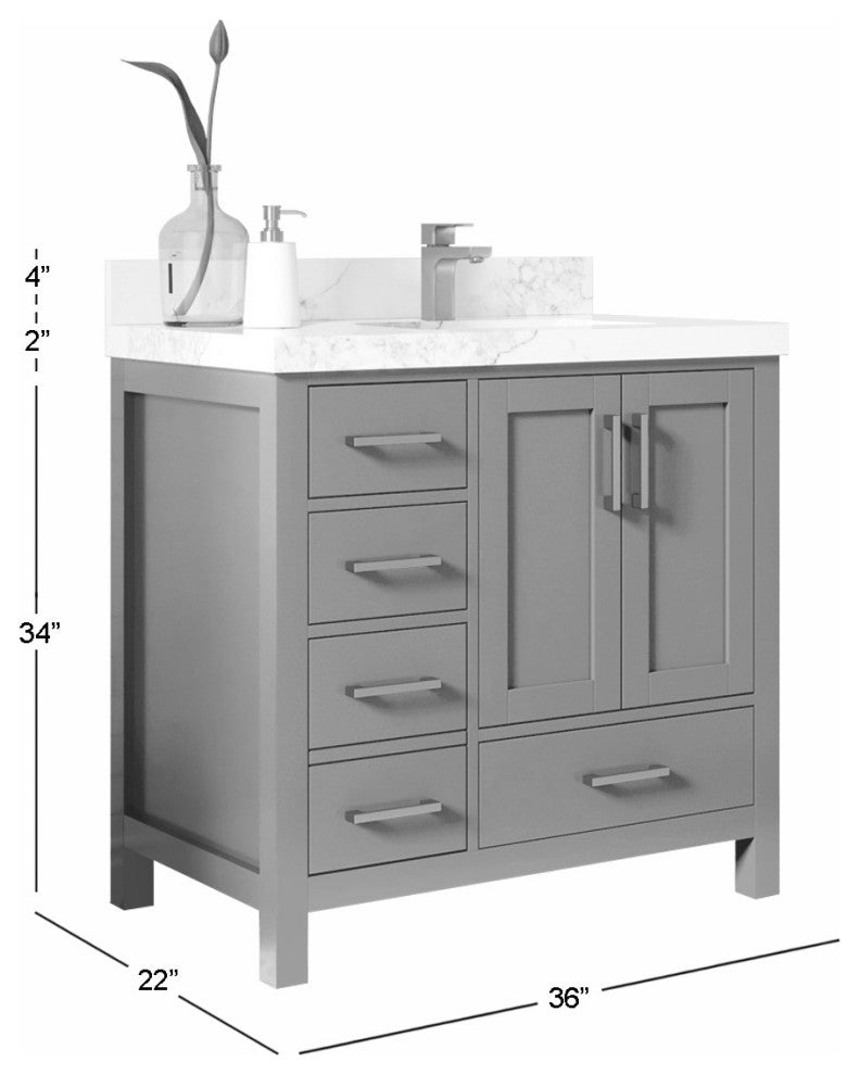 Malibu 36 Right Offset Bath Vanity in Elephant Skin Gray 2" Calacatta Sienna