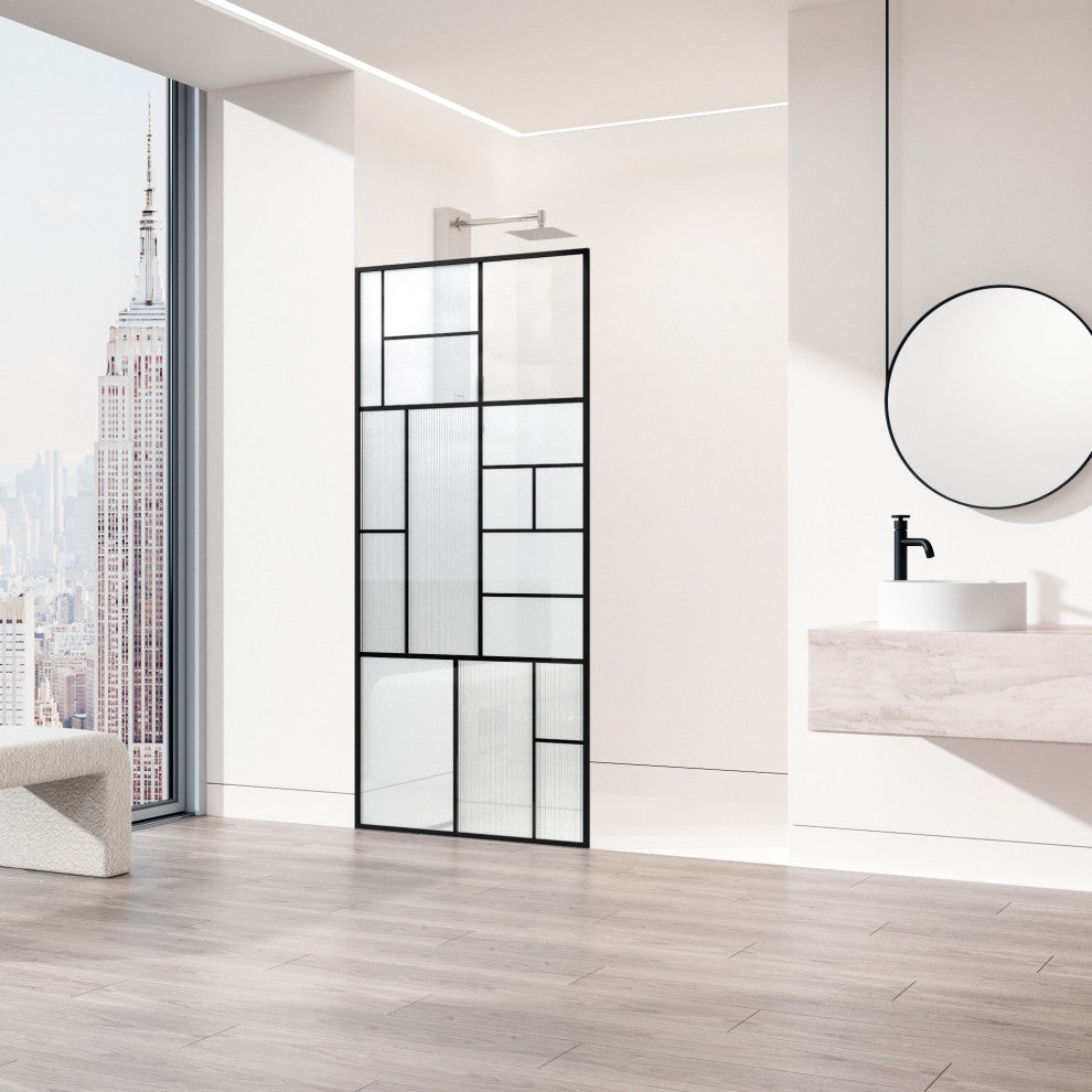 VIGO Meridian 34" W x 74" H Framed Shower Screen, Matte Black With Mixed Glass