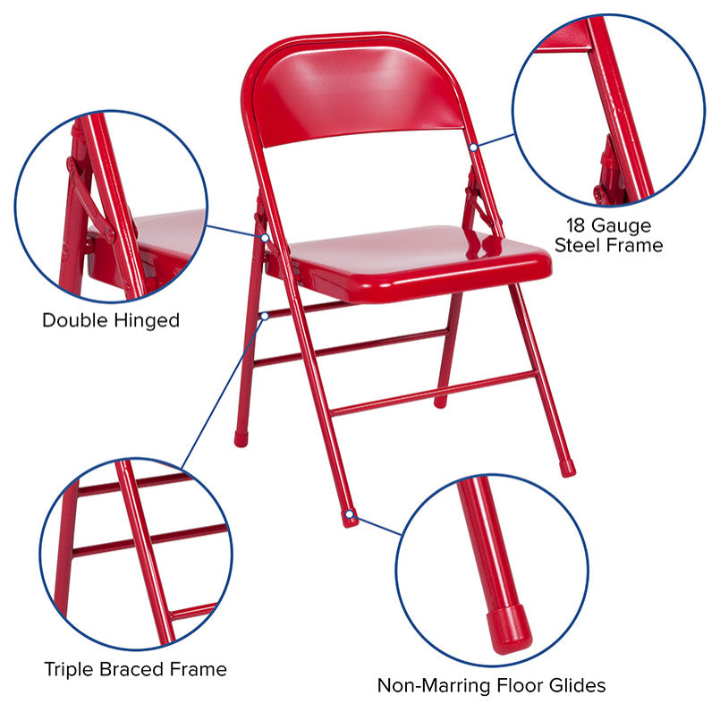 2 Pack HERCULES Series Triple Braced & Double Hinged Metal Folding Chair, Red