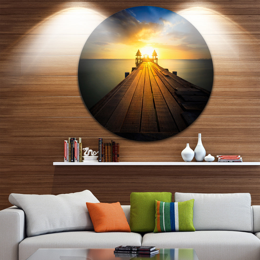 Massive Wood Pier To Sun At Evening, Seascape Disc Metal Artwork, 36"