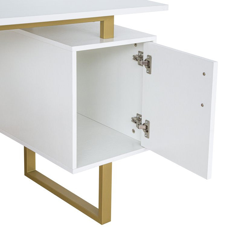 Elegant Desk, Floating Top With Cube Shaped Cabinet & Large Drawers, Gold/White
