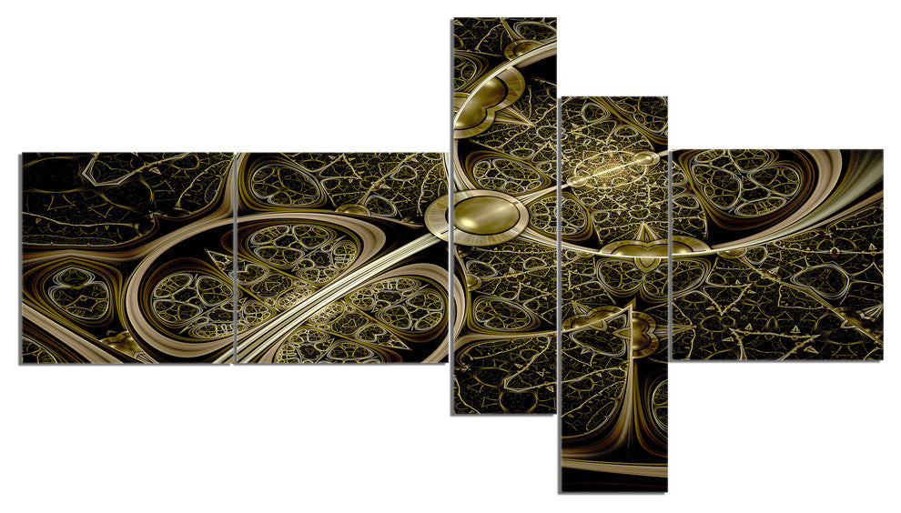 Yellow Metallic Fabric Pattern, Abstract Print On Canvas, 60"x32", 5 panels