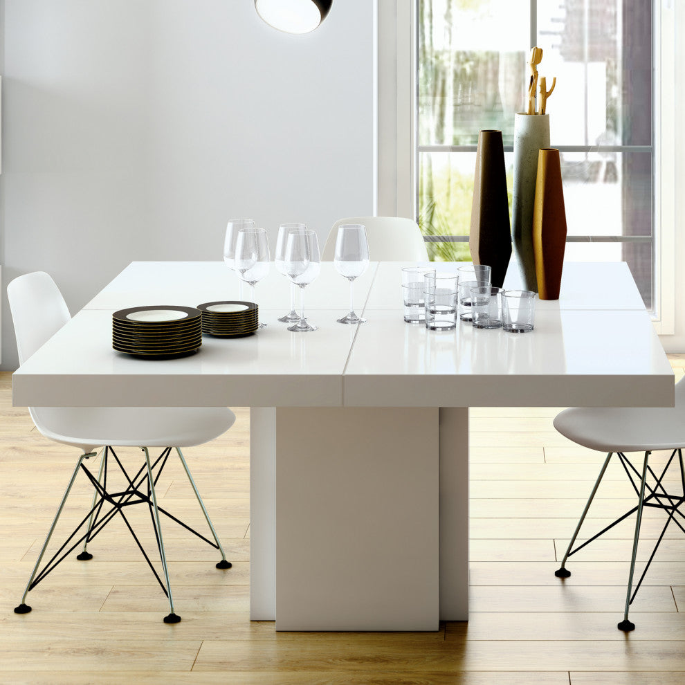 Contemporary Large Square Wood Dining Table, High Gloss White