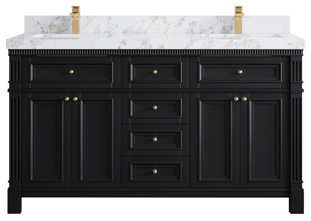 Paris 60" Double Sink Bathroom Vanity, Black 2" Calacatta Poannazo
