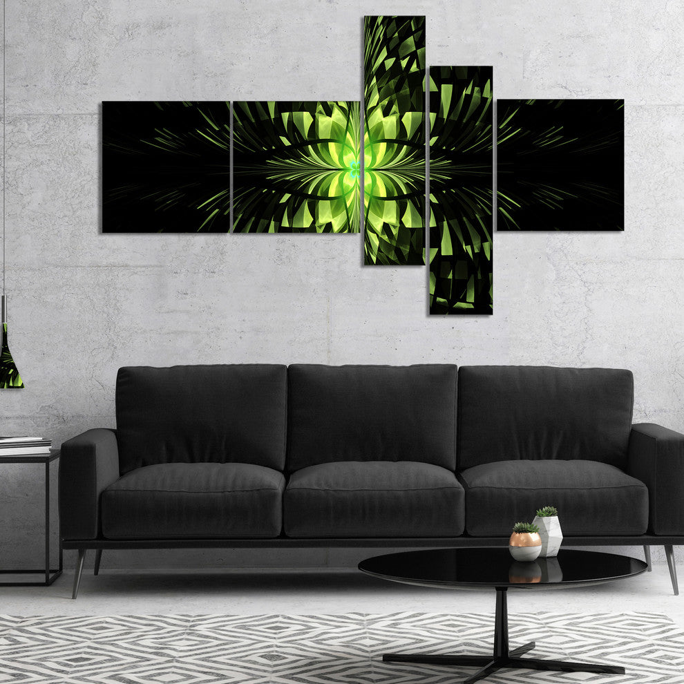 Green Butterfly Pattern on Black, Abstract Wall Art Canvas, 60"x32", 5 panels