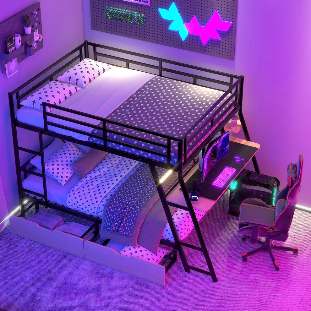 Gewnee Full Size Metal Bunk Bed with Built-in Desk, Light and 2 Drawers, Black