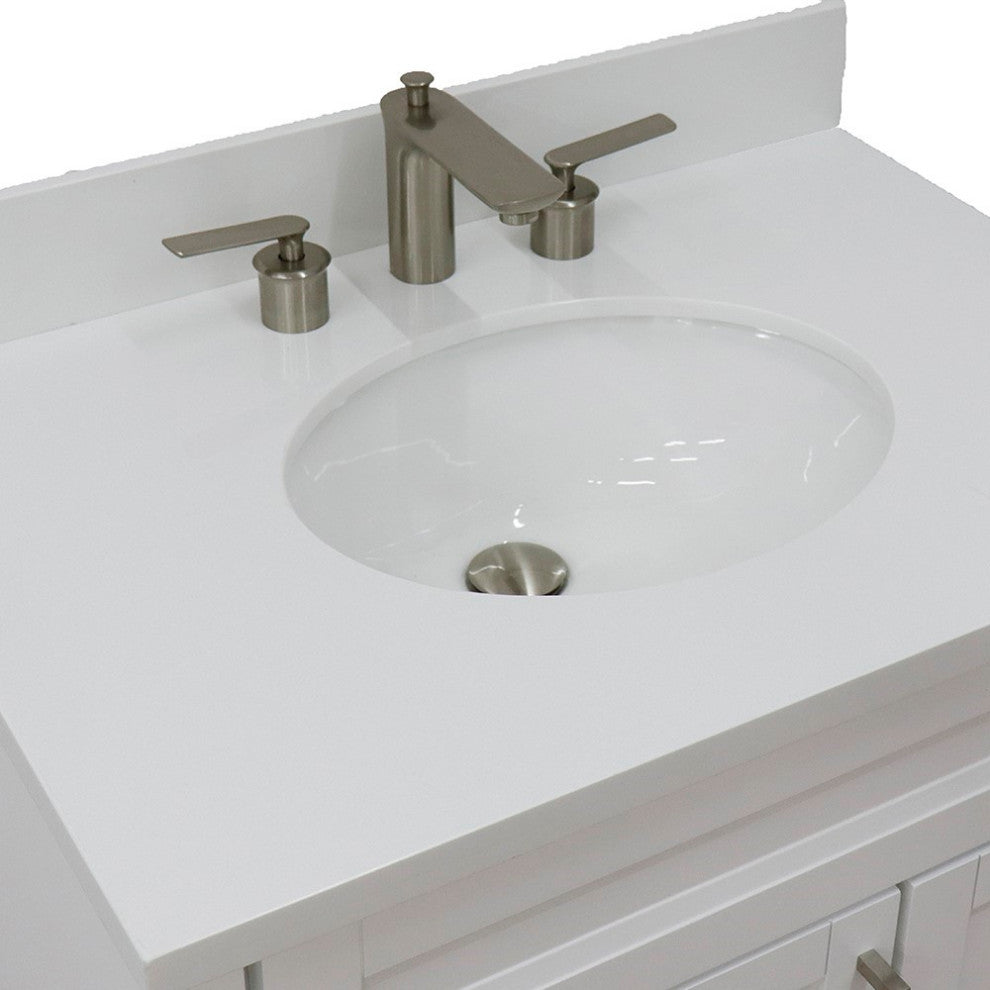 31" Single Sink Vanity, White Finish With Engineered Stone Top With Oval Sink