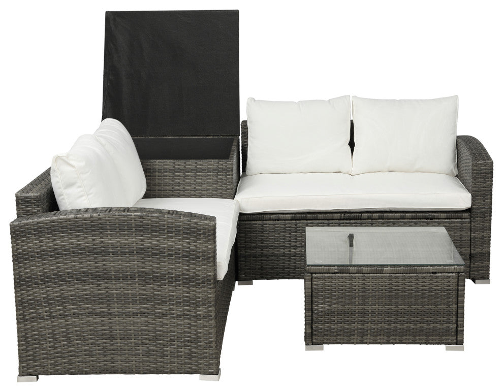 4 Pieces Outdoor Rattan Wicker Patio Sectional With Storage and Cushions