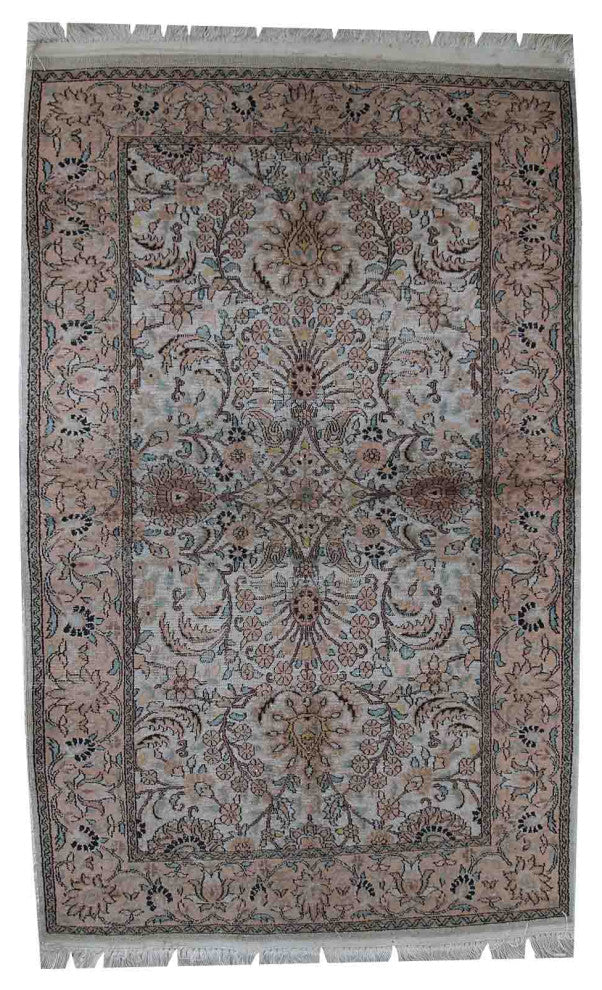 Handmade vintage silk Indo-Tabriz rug 3.2' x 5.3' (100cm x 162cm) 1950s