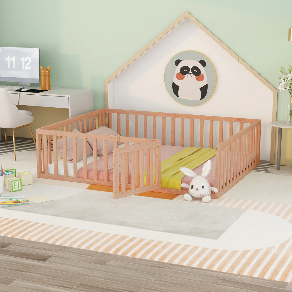 TATEUS Stylish and Versatile Floor Bed for Kids"™Bedroom Fences, Natural, Queen