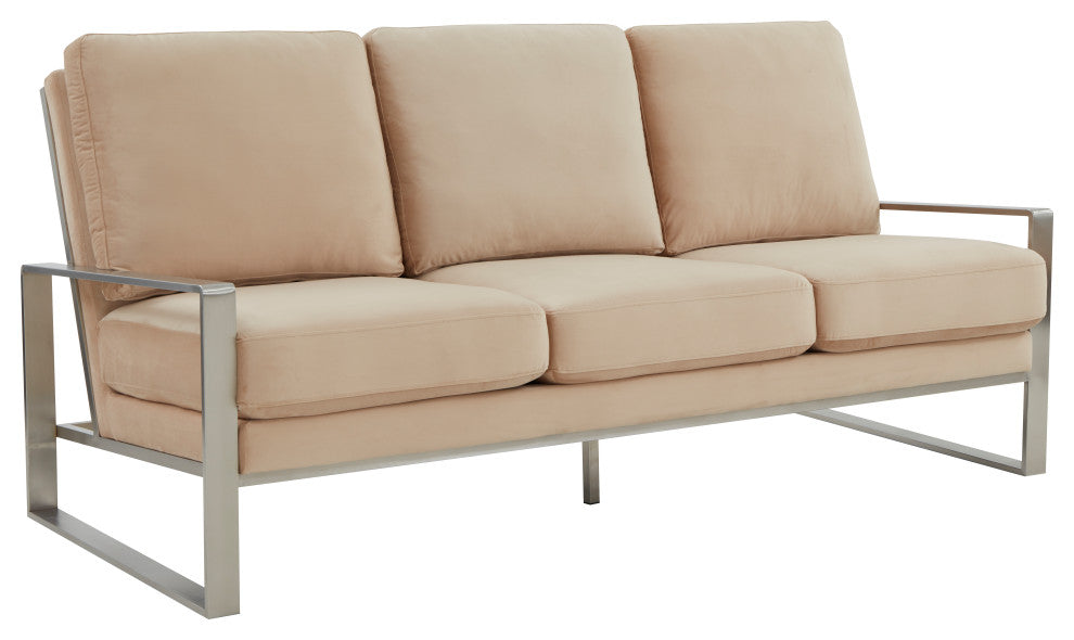 LeisureMod Jefferson Modern Design Velvet Sofa With Silver Frame, Beige