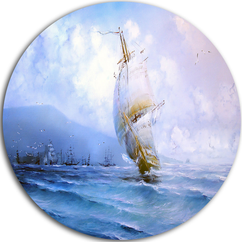 Vessel In Blue Sea, Seascape Painting Round Wall Art, 36"