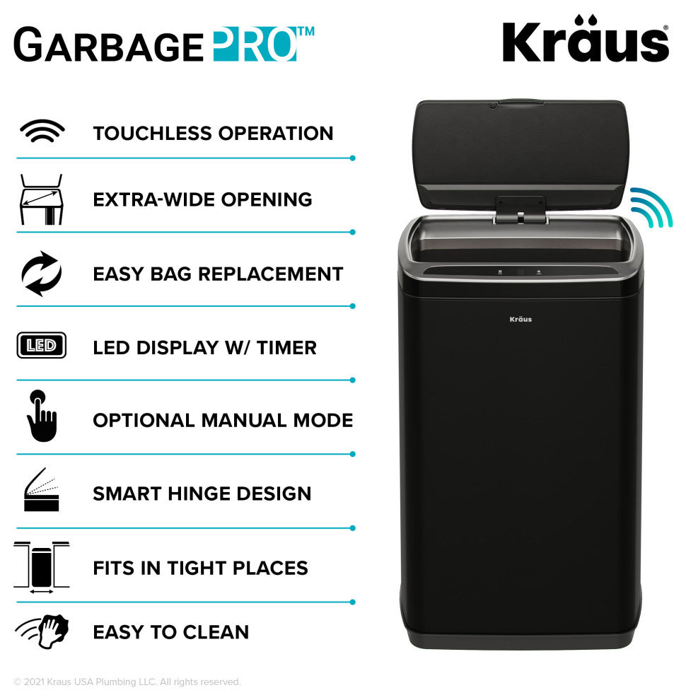 GarbagePro Rectangular 13 Gal Touchless Motion Sensor Matte Black Trash Can