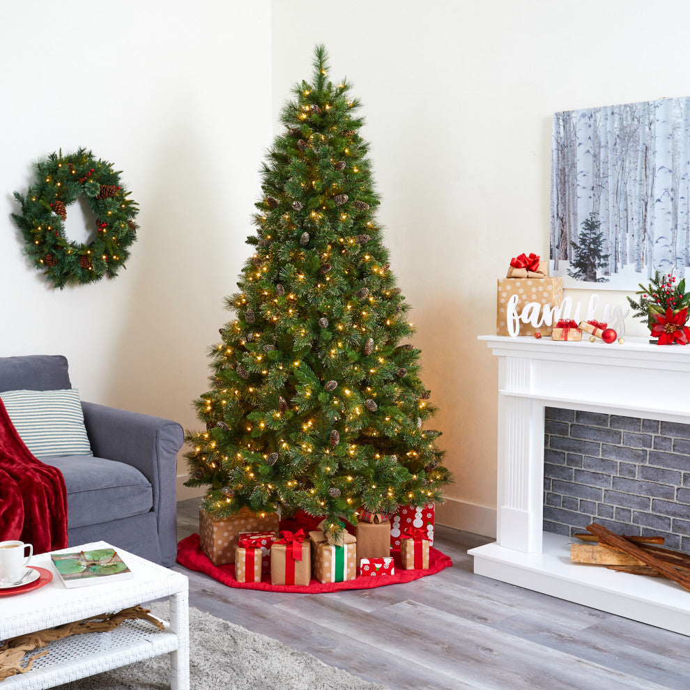 7.5' Golden Washington Pine Faux Xmas Tree W/Lights, Pinecone, Bendable Branches